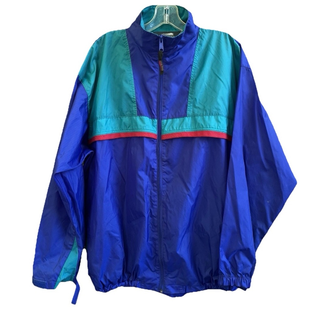Vintage Sierra Sport Nylon Rain Jacket Men Medium Blue Green‎ Full Zip Hood Wind